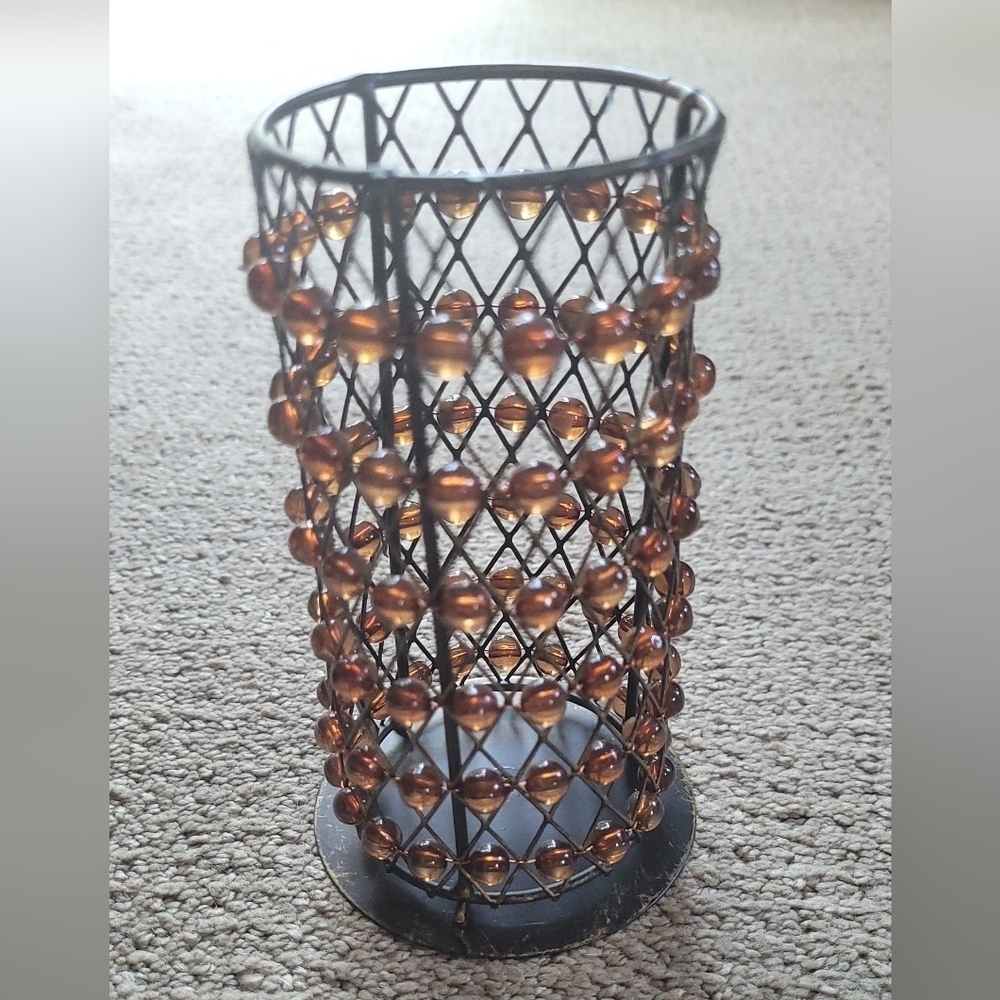 Brown Beaded Metal Pillar Candle Holder - Picture 4 of 7
